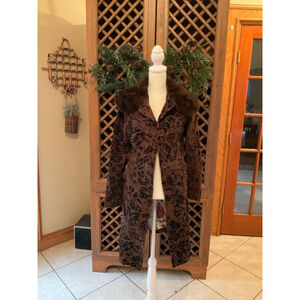 Arden B Brocade rabbit fur collar trench coat floral pattern small xtra small
